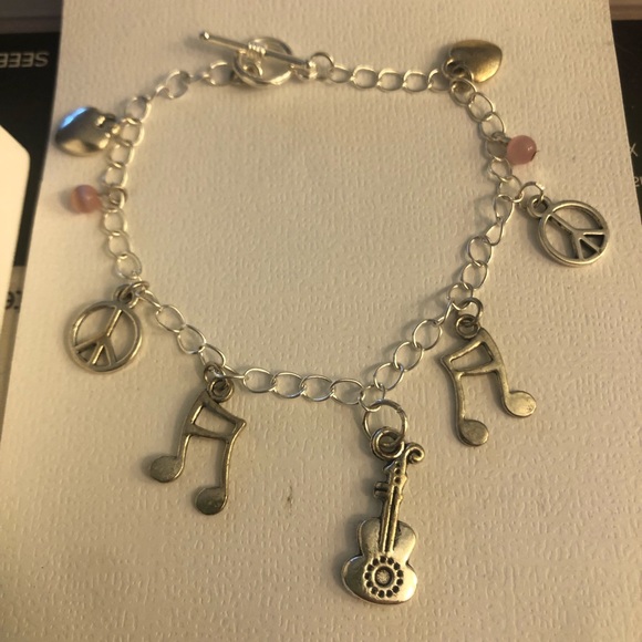 Music Heart Guitar Chainlink Pink Elegant Bead Silver Handmade Charm Bracelet - Picture 7 of 8